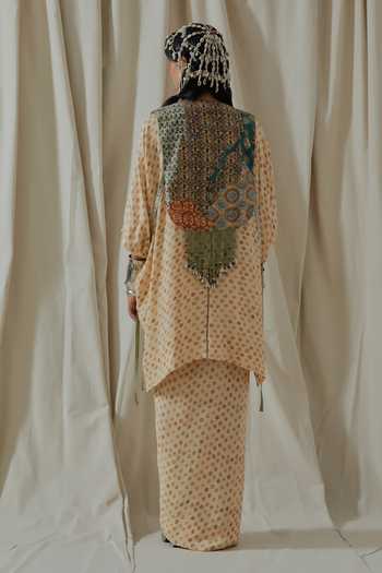Shop_Aseem Kapoor_Beige Crepe, Silk, Cotton, Satin Round Zuri Resham Embroidered Gilet And Kurta Set _at_Aza_Fashions