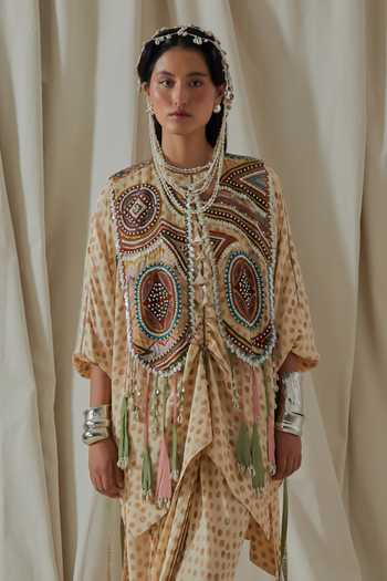 Aseem Kapoor_Beige Crepe, Silk, Cotton, Satin Round Zuri Resham Embroidered Gilet And Kurta Set _Online