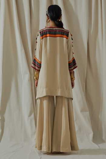Shop_Aseem Kapoor_Beige Silk V-neck Mitra Embroidered Kurta And Sharara Set _at_Aza_Fashions
