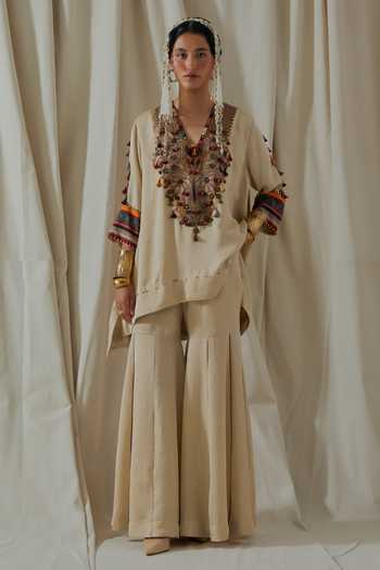 Buy_Aseem Kapoor_Beige Silk V-neck Mitra Embroidered Kurta And Sharara Set _at_Aza_Fashions