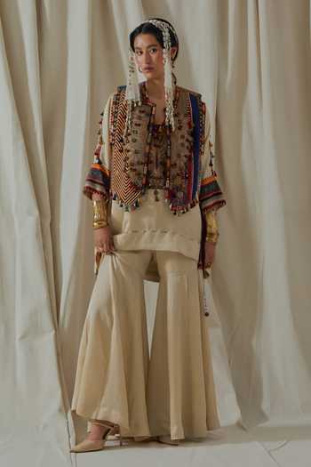 Buy_Aseem Kapoor_Beige Silk, Satin Split V-, Open Zuri Embroidered Gilet Trouser Set _at_Aza_Fashions