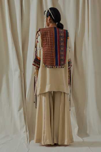 Shop_Aseem Kapoor_Beige Silk, Satin Split V-, Open Zuri Embroidered Gilet Trouser Set _at_Aza_Fashions