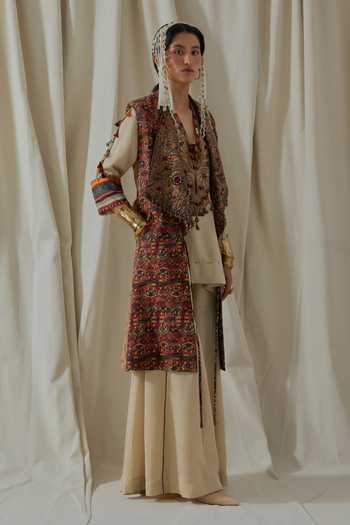 Shop_Aseem Kapoor_Beige Twill, Silk Open Neck, Hina Embroidered Trench Coat Sharara Set 