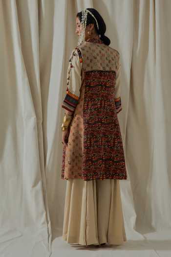 Shop_Aseem Kapoor_Beige Twill, Silk Open Neck, Hina Embroidered Trench Coat Sharara Set _at_Aza_Fashions