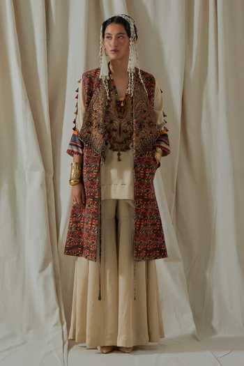 Buy_Aseem Kapoor_Beige Twill, Silk Open Neck, Hina Embroidered Trench Coat Sharara Set _at_Aza_Fashions