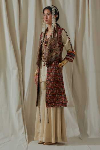 Aseem Kapoor_Beige Twill, Silk Open Neck, Hina Embroidered Trench Coat Sharara Set _Online