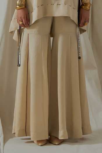 Aseem Kapoor_Beige Silk V-neck, Yes Mitra Yoke Embroidered Kurta Sharara Set _Online_at_Aza_Fashions