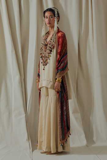 Aseem Kapoor_Beige Silk V-neck, Yes Mitra Yoke Embroidered Kurta Sharara Set _Online