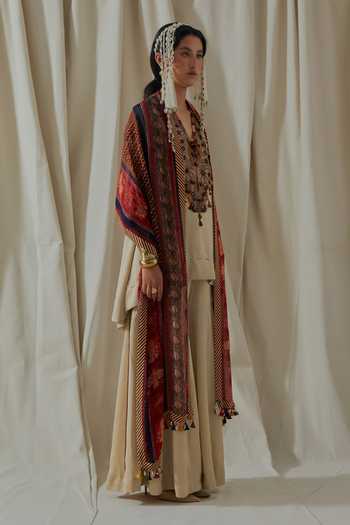 Buy_Aseem Kapoor_Beige Silk V-neck, Yes Mitra Yoke Embroidered Kurta Sharara Set _Online