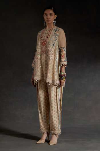 Buy_Aseem Kapoor_Beige Silk, Crepe Round Neck, Yes Mitra Printed Short Kurta And Trouser Set _at_Aza_Fashions