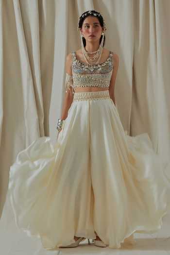 Aseem Kapoor_White Silk, Net Scoop Neck Kalpa Embroidered Blouse And Skirt Set _Online_at_Aza_Fashions