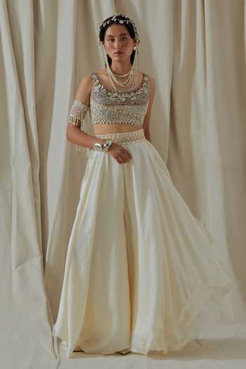 Buy_Aseem Kapoor_White Silk, Net Scoop Neck Kalpa Embroidered Blouse And Skirt Set _at_Aza_Fashions