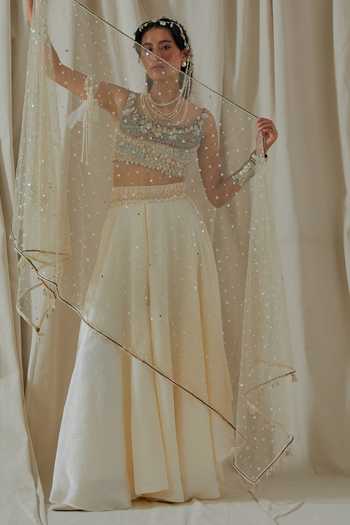 Aseem Kapoor_White Silk, Net, Organza Scoop Neck Kalpa Embroidered Blouse Skirt Set _Online