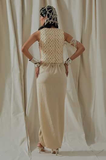 Shop_Aseem Kapoor_Beige Satin, Net, Silk Embroidery, Beads, Tassels Bhumi Corset And Dhoti Pant Set _at_Aza_Fashions
