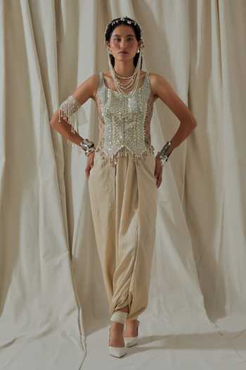 Buy_Aseem Kapoor_Beige Satin, Net, Silk Embroidery, Beads, Tassels Bhumi Corset And Dhoti Pant Set _at_Aza_Fashions