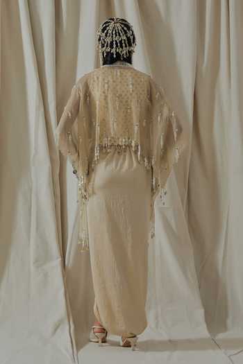 Shop_Aseem Kapoor_Beige Silk, Organza, Satin, Net Round Bhumi Embroidered Blouse Dhoti Pant Set _at_Aza_Fashions