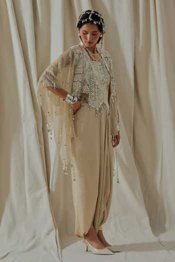 Shop_Aseem Kapoor_Beige Silk, Organza, Satin, Net Round Bhumi Embroidered Blouse Dhoti Pant Set 