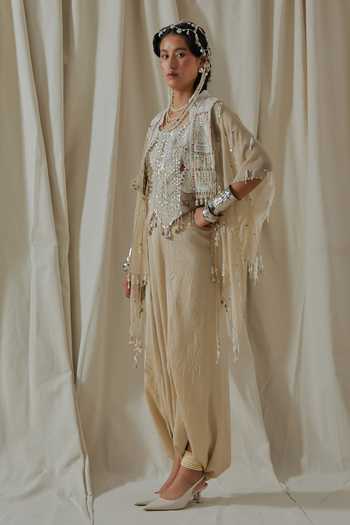 Buy_Aseem Kapoor_Beige Silk, Organza, Satin, Net Round Bhumi Embroidered Blouse Dhoti Pant Set _Online