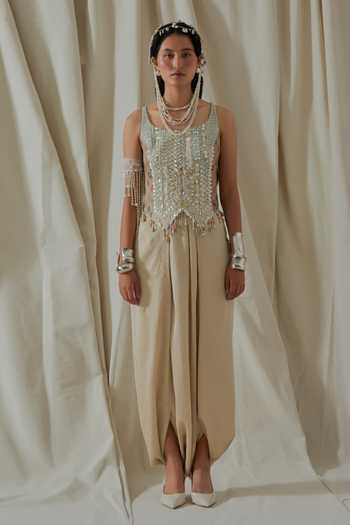 Shop_Aseem Kapoor_Beige Organza, Silk, Satin, Net Square Veni Embroidered Jacket Dhoti Pant Set _Online_at_Aza_Fashions