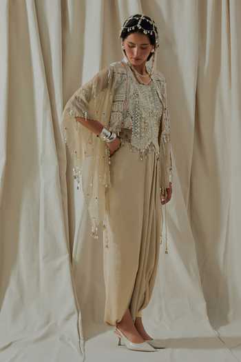 Buy_Aseem Kapoor_Beige Organza, Silk, Satin, Net Square Veni Embroidered Jacket Dhoti Pant Set 