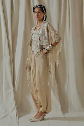 Shop_Aseem Kapoor_Beige Organza, Silk, Satin, Net Square Veni Embroidered Jacket Dhoti Pant Set 