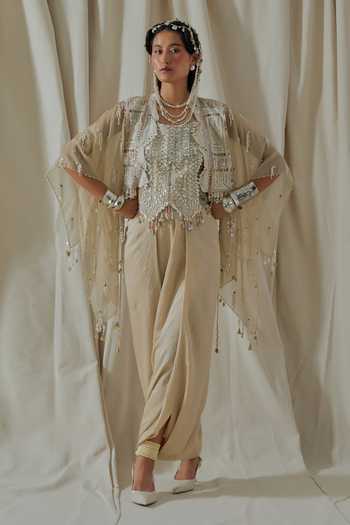 Buy_Aseem Kapoor_Beige Organza, Silk, Satin, Net Square Veni Embroidered Jacket Dhoti Pant Set _at_Aza_Fashions