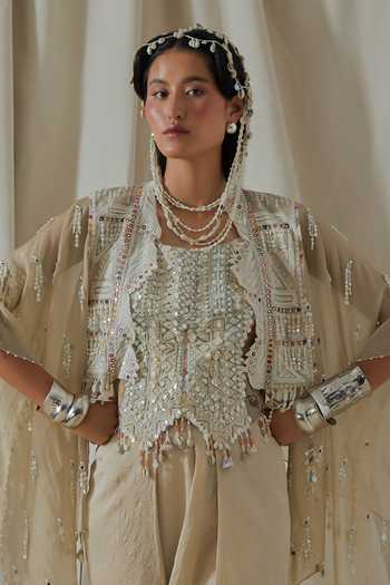 Aseem Kapoor_Beige Organza, Silk, Satin, Net Square Veni Embroidered Jacket Dhoti Pant Set _Online