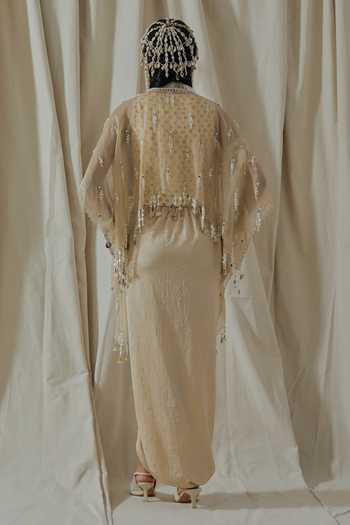 Shop_Aseem Kapoor_Beige Organza, Silk, Satin, Net Square Veni Embroidered Jacket Dhoti Pant Set _at_Aza_Fashions