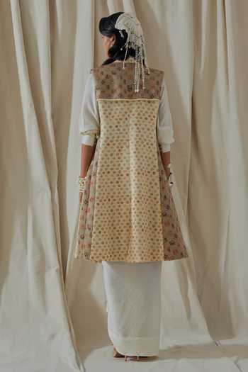 Shop_Aseem Kapoor_Beige Collared Hina Printed Trench Coat _at_Aza_Fashions
