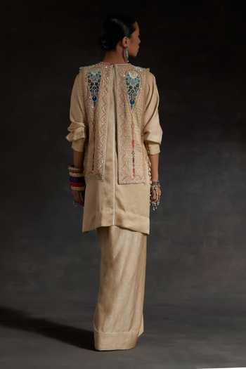 Shop_Aseem Kapoor_Blue Silk Beads, Mirrors, Tassels Round Neck Vianna Embroidered Bib _at_Aza_Fashions