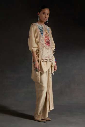 Aseem Kapoor_Beige Silk Beads, Tassels Round Neck Vianna Embroidered Bib And Kurta Set _Online_at_Aza_Fashions