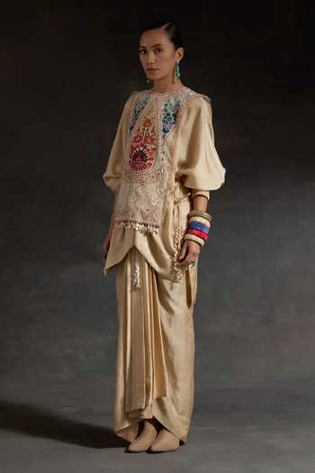 Shop_Aseem Kapoor_Beige Silk Beads, Tassels Round Neck Vianna Embroidered Bib And Kurta Set _Online_at_Aza_Fashions
