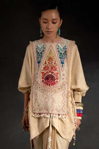 Buy_Aseem Kapoor_Beige Silk Beads, Tassels Round Neck Vianna Embroidered Bib And Kurta Set 
