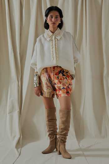 Buy_Aseem Kapoor_White Linen, Satin Collared Zuri Embroidered Gilet Shorts Set _Online_at_Aza_Fashions