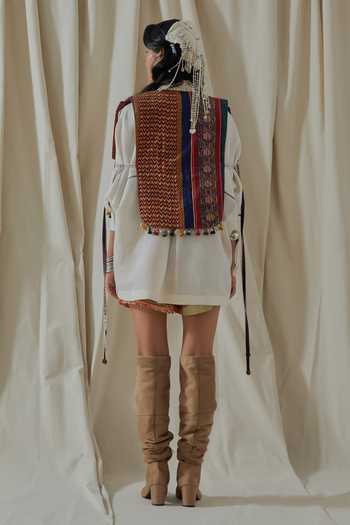 Shop_Aseem Kapoor_White Linen, Satin Collared Zuri Embroidered Gilet Shorts Set _at_Aza_Fashions