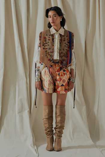Shop_Aseem Kapoor_White Linen, Satin Collared Zuri Embroidered Gilet Shorts Set 