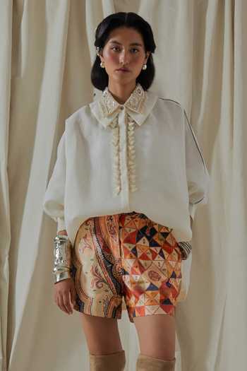 Shop_Aseem Kapoor_White Linen, Satin, Silk, Cotton Zuri Embroidered Gilet And Printed Shorts Set _Online_at_Aza_Fashions