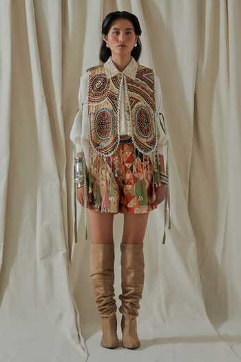 Shop_Aseem Kapoor_White Linen, Satin, Silk, Cotton Zuri Embroidered Gilet And Printed Shorts Set 