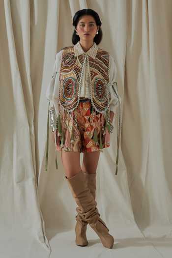 Buy_Aseem Kapoor_White Linen, Satin, Silk, Cotton Zuri Embroidered Gilet And Printed Shorts Set _at_Aza_Fashions