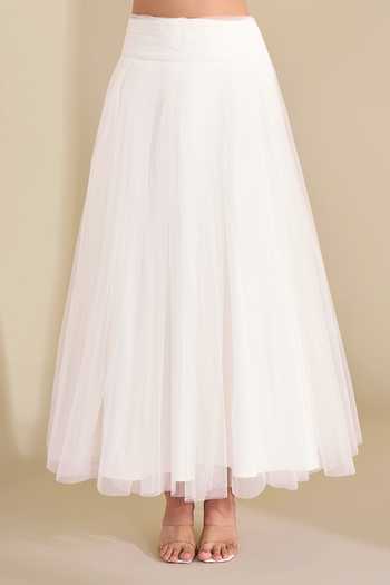 Naintara Bajaj_Ivory Net Draped Waistband Pleated Skirt _at_Aza_Fashions