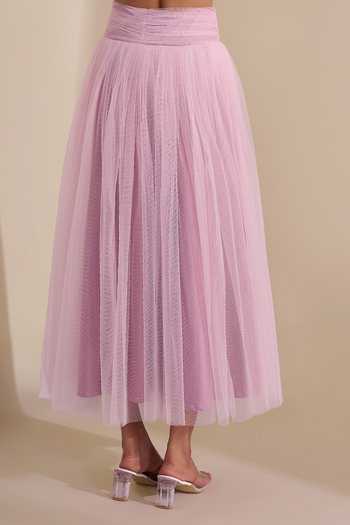 Naintara Bajaj_Pink Net Draped Structured Waistband Skirt _Online