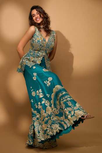 Shop_Osaa By Adarsh_Green Silk Embroidery, Zari V-neck Pine Peplum Top And Gharara Set _Online_at_Aza_Fashions