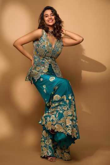 Buy_Osaa By Adarsh_Green Silk Embroidery, Zari V-neck Pine Peplum Top And Gharara Set 