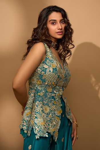 Shop_Osaa By Adarsh_Green Silk Embroidery, Zari V-neck Pine Peplum Top And Gharara Set 
