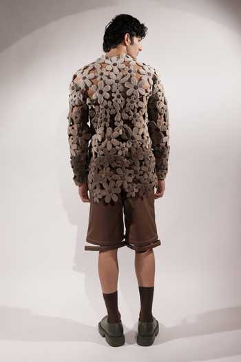 Shop_Jubinav Chadha_Beige Suede Fabric Flowers 3d Quilted Ombre Sweatshirt _at_Aza_Fashions