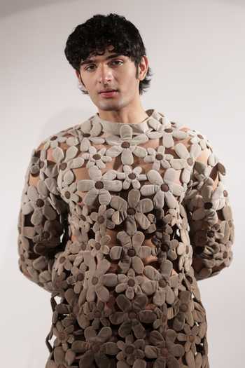 Buy_Jubinav Chadha_Beige Suede Fabric Flowers 3d Quilted Ombre Sweatshirt _at_Aza_Fashions