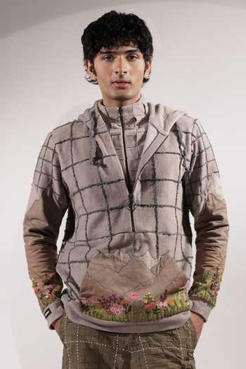 Buy_Jubinav Chadha_Grey Fleece Mountain Patchwork Zip Up Hoodie _at_Aza_Fashions