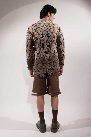 Shop_Jubinav Chadha_Brown Leatherette Levitating Effect Tailored Shorts _at_Aza_Fashions