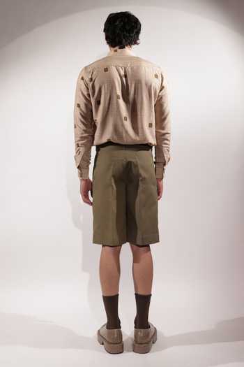 Shop_Jubinav Chadha_Olive Green Linen Kantha Detailing Shorts _at_Aza_Fashions