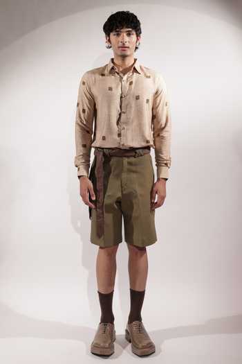 Buy_Jubinav Chadha_Olive Green Linen Kantha Detailing Shorts _at_Aza_Fashions